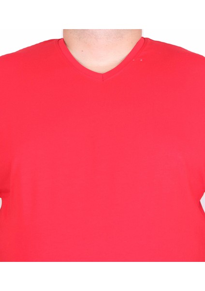 Erkek Büyük Beden Likralı Basic V Yaka Tişört 11170 Kırmızı