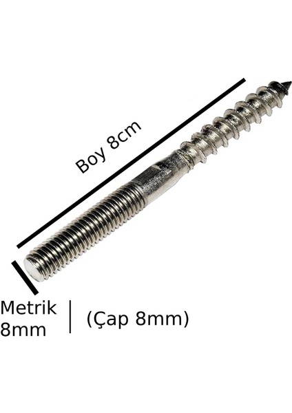 Saplama Ahşap Ağaç Vidası Ahşap Vida Montaj Vidası Trifon Vida Metrik 8 mm Çap 8 mm Boy 8 cm 2 Adet