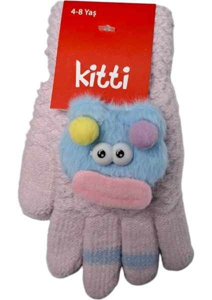 Spteks Kitti 4-8 Yaş Çocuk Kız Açık Pembe Maskotlu Örme Eldiven