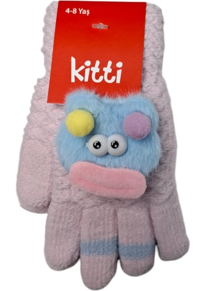 Spteks Kitti 4-8 Yaş Çocuk Kız Açık Pembe Maskotlu Örme Eldiven