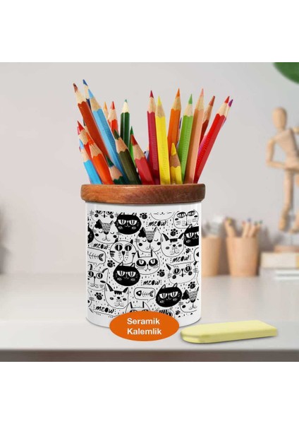 Sevimli Çizimsel Kediler Ahşap Seramik Kalemlik - 1273-148