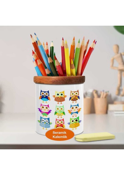 Renkli Desenli Baykuşlar Seramik Kalemlik - 23-2147737387 fiyatları