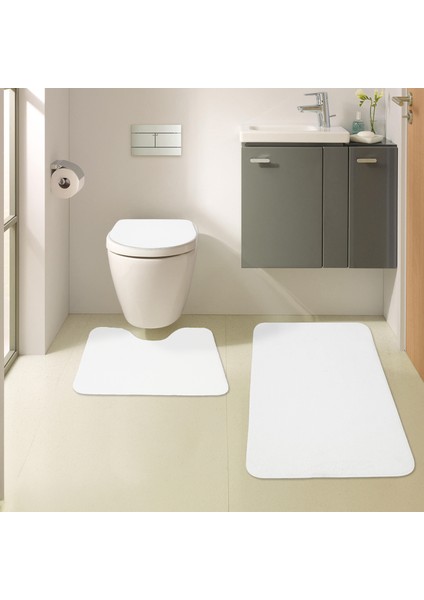 3'lü Unicolor Düz Krem Rengi Kaymaz Taban Banyo Paspası & Halısı Seti