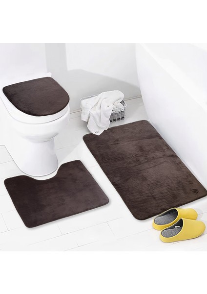 3'lü Unicolor Kahverengi Kaymaz Taban Banyo Paspası & Halısı Seti