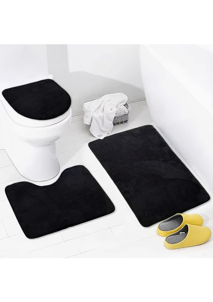 Bonny Home 3'lü Unicolor Siyah Kaymaz Taban Banyo Paspası & Halısı Seti