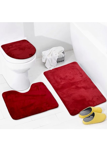 3'lü Unicolor Kırmızı Kaymaz Taban Banyo Paspası & Halısı Seti