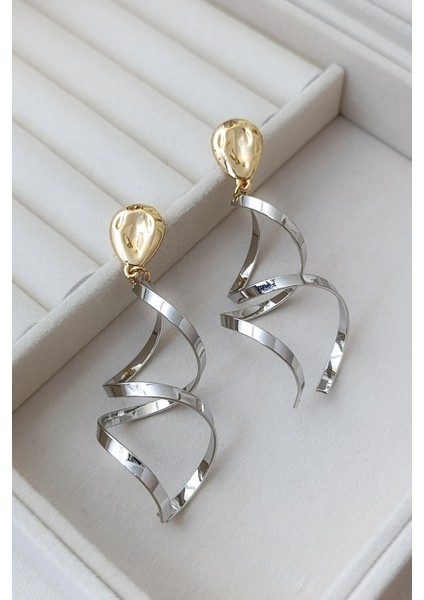 Gold ve Silver Spiral Tasarımlı Modern Şık Küpe