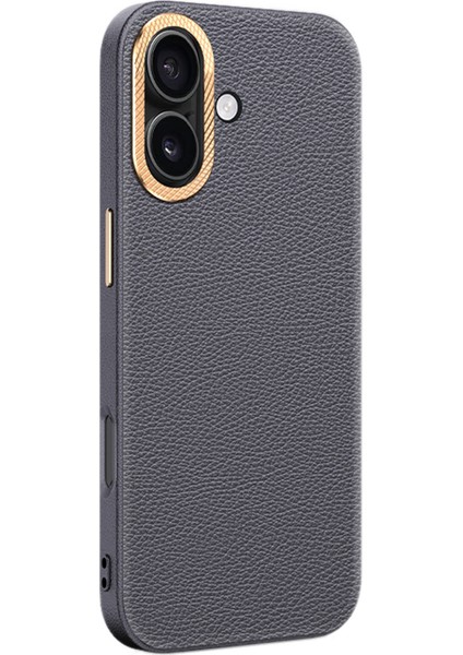 iPhone 16 Plus Metal Lens Çerçeveli Telefon Kılıfı Deri+Tpu Arka Kapak (Yurt Dışından)
