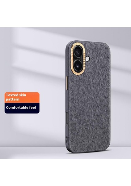 iPhone 16 Plus Metal Lens Çerçeveli Telefon Kılıfı Deri+Tpu Arka Kapak (Yurt Dışından)