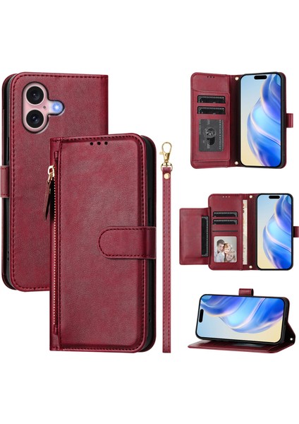 iPhone 16 Plus Fermuarlı Cebi Çoklu Kart Yuvaları Deri Telefon Kapağı (Yurt Dışından)