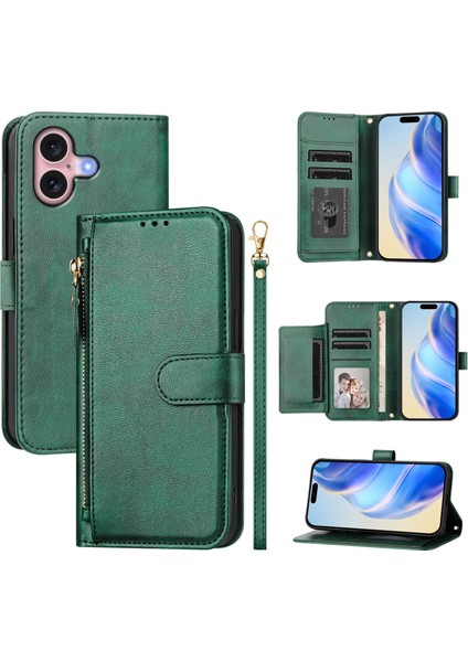 iPhone 16 Plus Fermuarlı Cebi Çoklu Kart Yuvaları Deri Telefon Kapağı (Yurt Dışından)