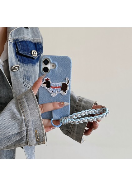 iPhone 16 Plus Jean Kumaş Pu+Pc Telefon Arka Kapağı ve Kullanışlı Askı (Yurt Dışından)