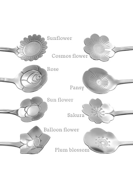 8 Adet Çiçek Kaşık Seti Paslanmaz Çelik Tekrar Kullanılabilir Çay Kahve Karıştırma Kaşığı (Yurt Dışından)