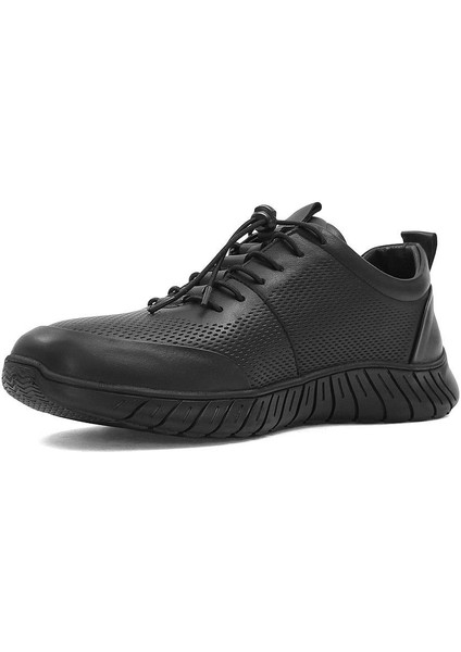 Erkek Siyah Bağcıklı Kalın Tabanlı Deri Sneaker
