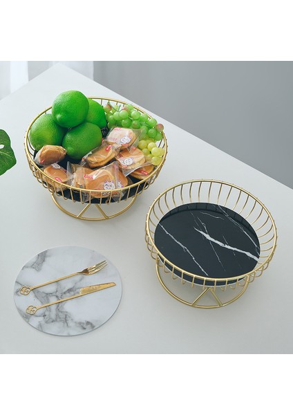 Siyah Metal Uv Mermer Desenli Meyve Kasesi Dekoratif Servis Tepsisi (Yurt Dışından)
