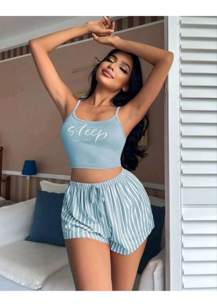 Mavi Şort Çizgili Desenli Kısa Kol Saten Kadın Şortlu 2'li Pijama Gecelik Takımı indirimleri
