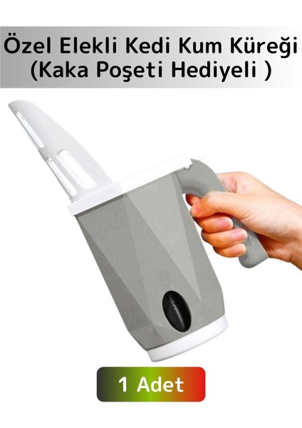 Özel Yüksek Kaliteli Ergonomik Saplı Atık Ayırıcı Elekli Kedi Kum Küreği+12'li Kaka Poşeti Hediyeli
