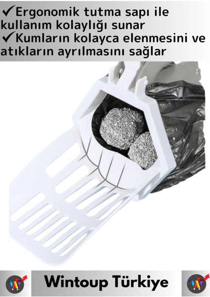 Özel Yüksek Kaliteli Ergonomik Saplı Atık Ayırıcı Elekli Kedi Kum Küreği+12'li Kaka Poşeti Hediyeli