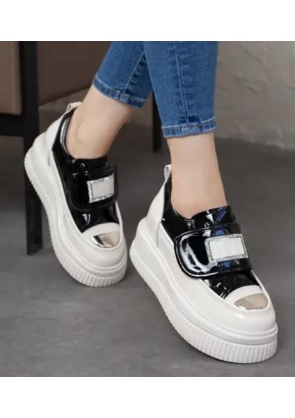 24K373 Kadın Rugan Deri Yüksek Taban Taşlı Cırtlı Sneaker Günlük Ayakkabı fırsatları