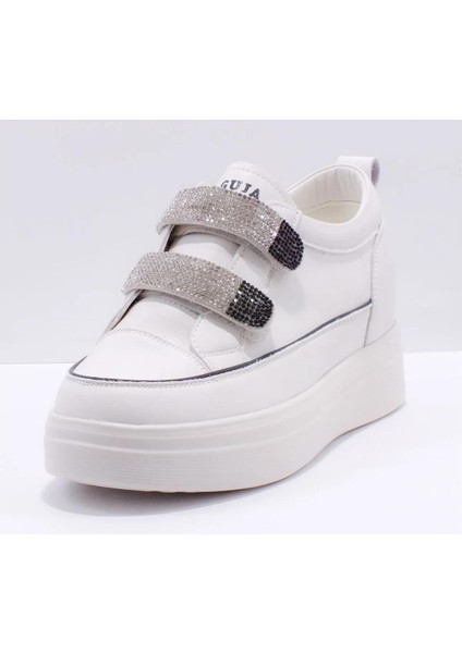 24K313-1 Kadın Yüksek Taban Taşlı Cırtlı Deri Sneaker Spor Günlük Ayakkabı