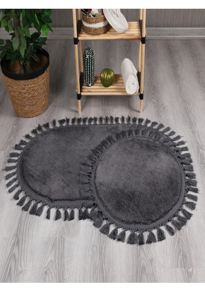 My Evilla Modern Dekoratif Simirna Peluş Oval Ponpon Saçaklı Klozet Takımı 50X80 - 50X40