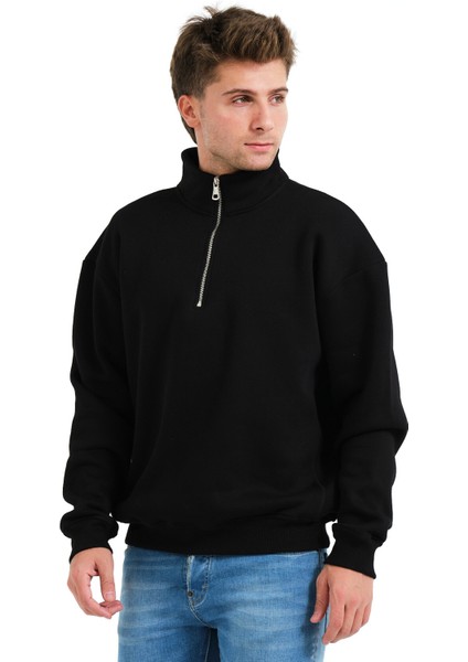 Regular Fit Dik Yaka Yarı Fermuarlı Şardonlu Siyah Erkek Sweatshirt - Prime