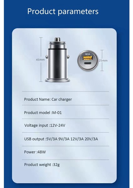 Metal Mini Araç Şarj Cihazı Qc3.0 48W USB Tip C Bir Sürükle Iki Araç Çakmak Hızlı Araç Cep Telefonu Şarj Cihazı (Yurt Dışından)