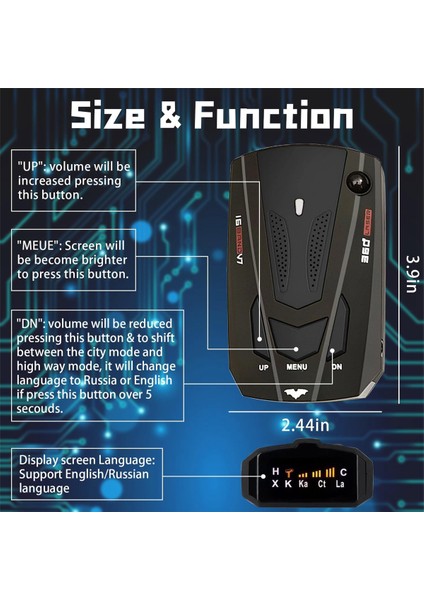 Sesli Hız Uyarılı Araç Radar Dedektörü, 360° Algılama, Araç Hız Alarm Sistemi, LED Ekran, Şehir/otoyol Modu (Yurt Dışından)