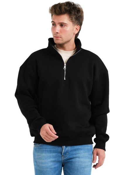 Regular Fit Dik Yaka Yarı Fermuarlı Şardonlu Siyah Erkek Sweatshirt - Prime fiyatları