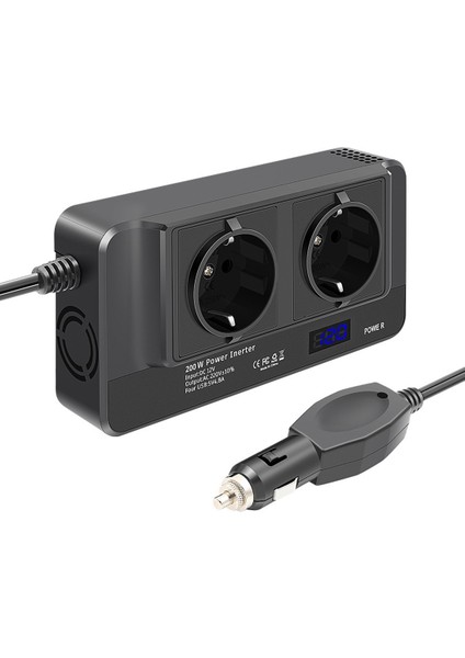200W Araç Invertörü, Akıllı Zaman Göstergeli LCD ile 12V Ila 220V Gerilim Dönüştürücü, 2 Soket ve 4 USB Araç Şarj Cihazı (Ab Fişi) (Yurt Dışından)