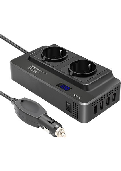 200W Araç Invertörü, Akıllı Zaman Göstergeli LCD ile 12V Ila 220V Gerilim Dönüştürücü, 2 Soket ve 4 USB Araç Şarj Cihazı (Ab Fişi) (Yurt Dışından)