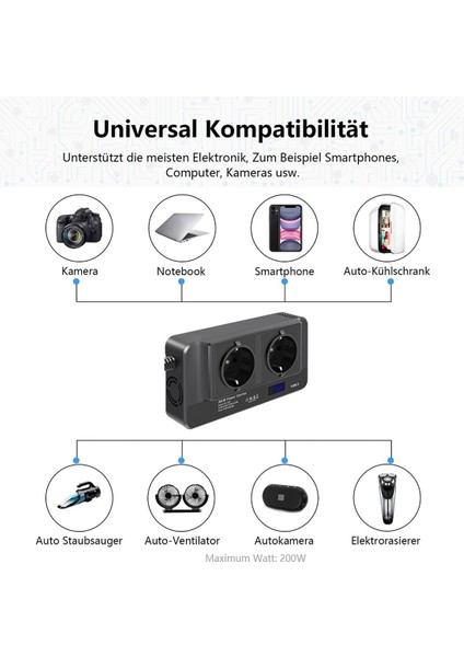 200W Araç Invertörü, Akıllı Zaman Göstergeli LCD ile 12V Ila 220V Gerilim Dönüştürücü, 2 Soket ve 4 USB Araç Şarj Cihazı (Ab Fişi) (Yurt Dışından)