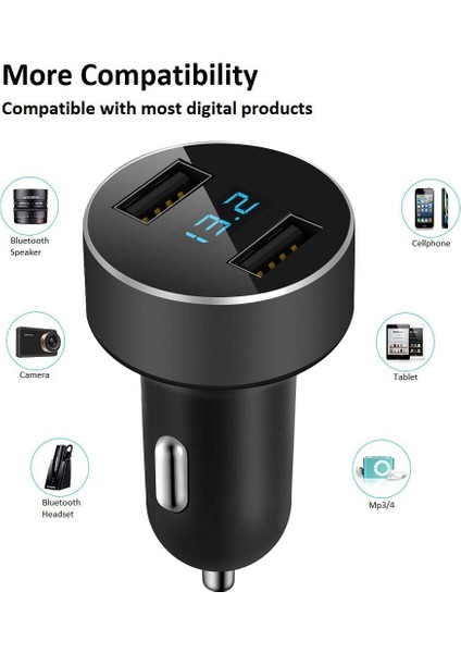Çift USB Araç Şarj Cihazı, 4.8A Çıkışlı Araç Adaptörü, Iphone, Ipad, Samsung, Lg, Vb Için Çakmak Gerilim Ölçer, Siyah (Yurt Dışından)