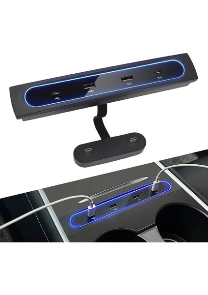 Tesla Modeli 3 Y 2021 2022 Aksesuarları 27W Hızlı Şarj Cihazı Yerleştirme Istasyonu, 4 In 1 USB LED Hub Merkezi Konsol Sensörü (Yurt Dışından)