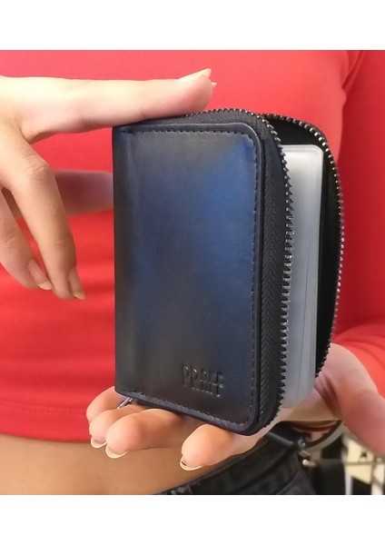 Praff 260503 Deri Şeffaf Kartlıklı ve Kağıt Para Bölmeli Fermuarlı Kartlık