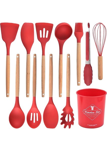 Kırmızı 12 Parçalı Yapışmaz Silikon Mutfak Gereçleri Seti Tencere Seti (Yurt Dışından)