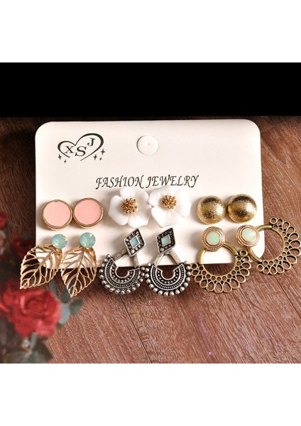 Altın Tarzı 6 Çift Set Moda Kadın Takı Hollow Moda Vintage Bohemya Küpe Benzersiz Trendy Altın Çiçek Yaprak Parti Inci Küpe Seti Mashup Küpeler Aksesuarlar Hediye (Yurt Dışından)