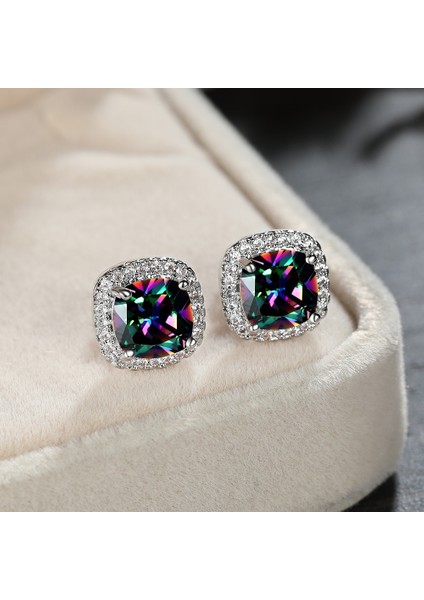 Çok Renkli Stil 925 Ayar Gümüş 7mm Prenses Kare Kesim Safir Topaz Ametist Zümrüt Puset Küpe Doğum Taşı Kristal Pençe Küpe Vida Geri Küpe (Yurt Dışından)