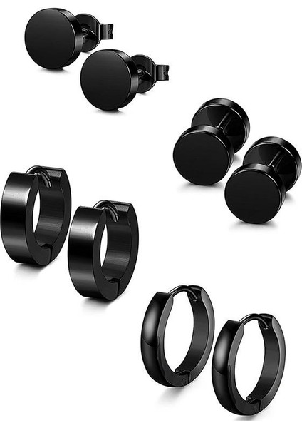 Siyah Stil 4 Çift Set Erkek Moda Punk Küpe Paslanmaz Çelik Küpe Rocker Kulak Pimi Küpe Erkek Kadın Halka Küpe Piercing Siyah Dambıl Küpe Küpe Seti (Yurt Dışından)