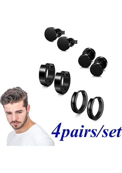 Siyah Stil 4 Çift Set Erkek Moda Punk Küpe Paslanmaz Çelik Küpe Rocker Kulak Pimi Küpe Erkek Kadın Halka Küpe Piercing Siyah Dambıl Küpe Küpe Seti (Yurt Dışından) modelleri