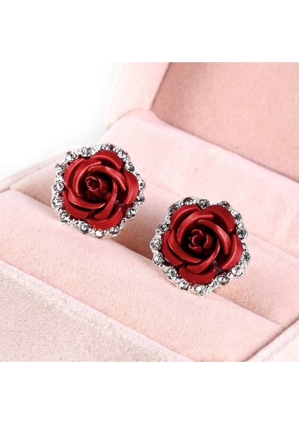Kırmızı Stil Kadınlar Için Gül Şekilli Alaşım Taşlı Küpe (Yurt Dışından)