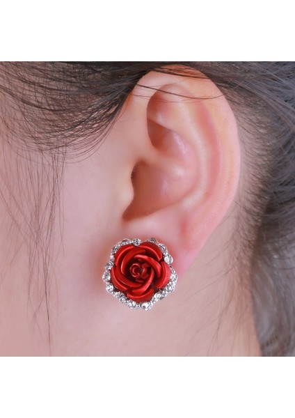 Kırmızı Stil Kadınlar Için Gül Şekilli Alaşım Taşlı Küpe (Yurt Dışından) indirimleri