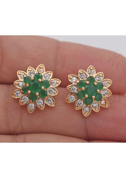 Yeşil Stil 18K Altın Kaplama - Çok Katmanlı Çiçek Küpe Zümrüt Kar Tanesi Kulak Düğmesi Takı (Yurt Dışından)