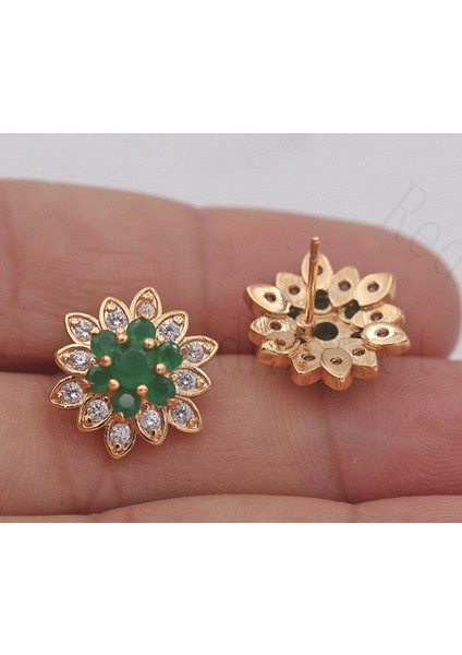 Yeşil Stil 18K Altın Kaplama - Çok Katmanlı Çiçek Küpe Zümrüt Kar Tanesi Kulak Düğmesi Takı (Yurt Dışından) modelleri