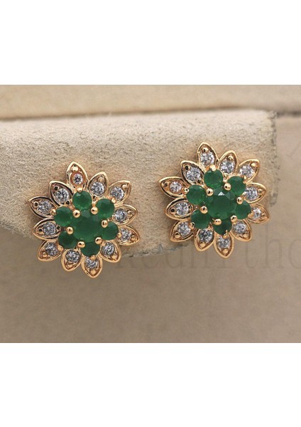 Yeşil Stil 18K Altın Kaplama - Çok Katmanlı Çiçek Küpe Zümrüt Kar Tanesi Kulak Düğmesi Takı (Yurt Dışından) fırsatları