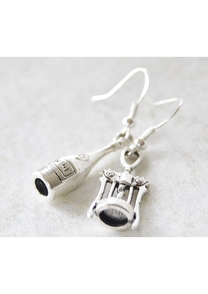 Şarap Sever Küpe Şarap Tutkunu Küpe Şarap Şişesi Küpe Kadeh Açacağı Küpe (Yurt Dışından)