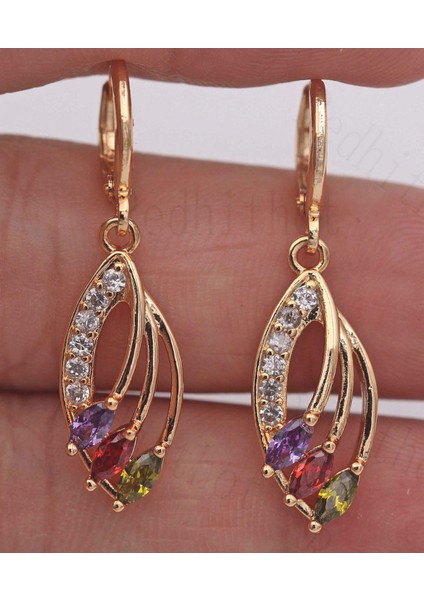 Çok Renkli Stil 1.4 Küpe 18K Altın Kaplama Ametist Peridot Yakut 3D Yaprak Asma Delikli Kadın (Yurt Dışından)