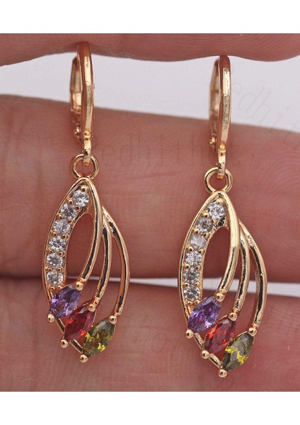 Çok Renkli Stil 1.4 Küpe 18K Altın Kaplama Ametist Peridot Yakut 3D Yaprak Asma Delikli Kadın (Yurt Dışından)