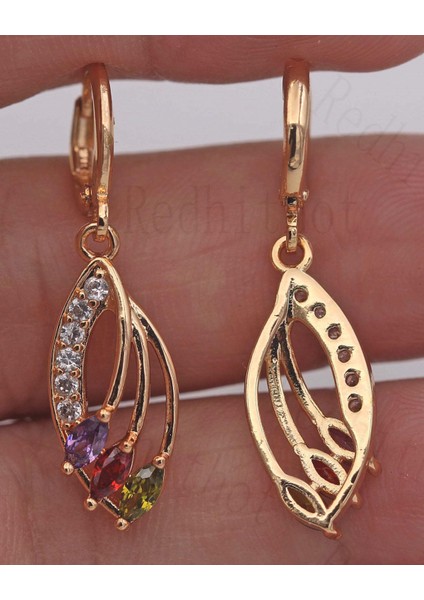 Çok Renkli Stil 1.4 Küpe 18K Altın Kaplama Ametist Peridot Yakut 3D Yaprak Asma Delikli Kadın (Yurt Dışından)