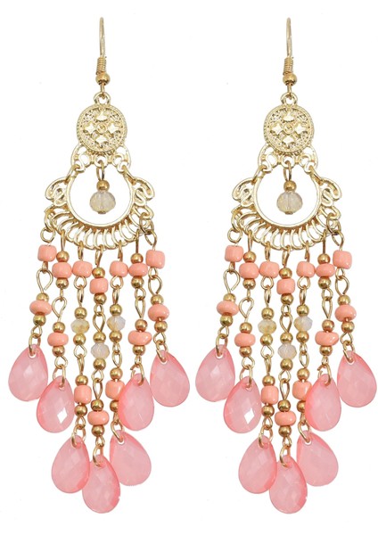 Pembe Tarzı Kızlar Parti Takıları Için Bohem Tarzı Incili Fırfırlı Kristal Damlacıklı Küpe (Yurt Dışından)